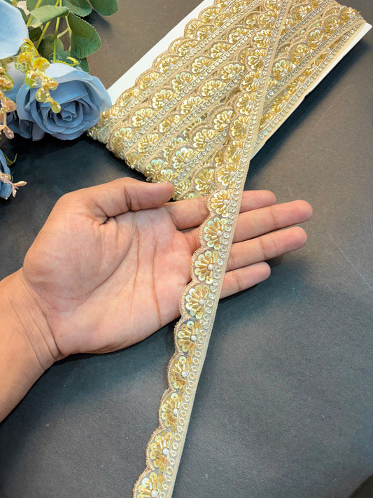 Golden & White Beaded Embroidered Lace Border bridal use  for Saree, Dress, Dupatta & Craft – Fancy Designer Trim Roll (9 Meter)
