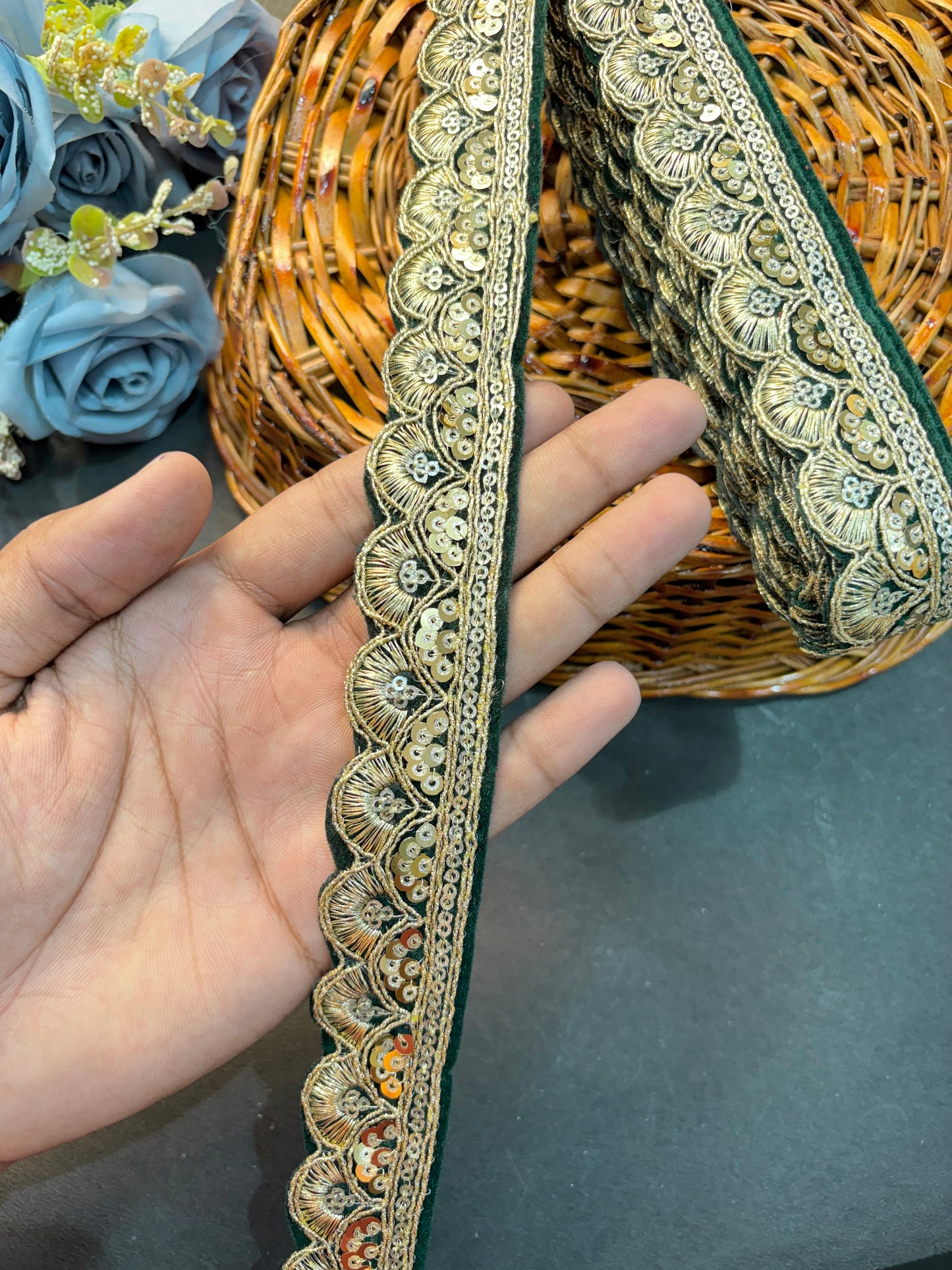 Velvet Golden Zari Embroidery Scallop Lace Border for Saree, Dupatta & Lehenga – Fancy Designer Sequin Lace Trim Roll (1.5 Inch Width)