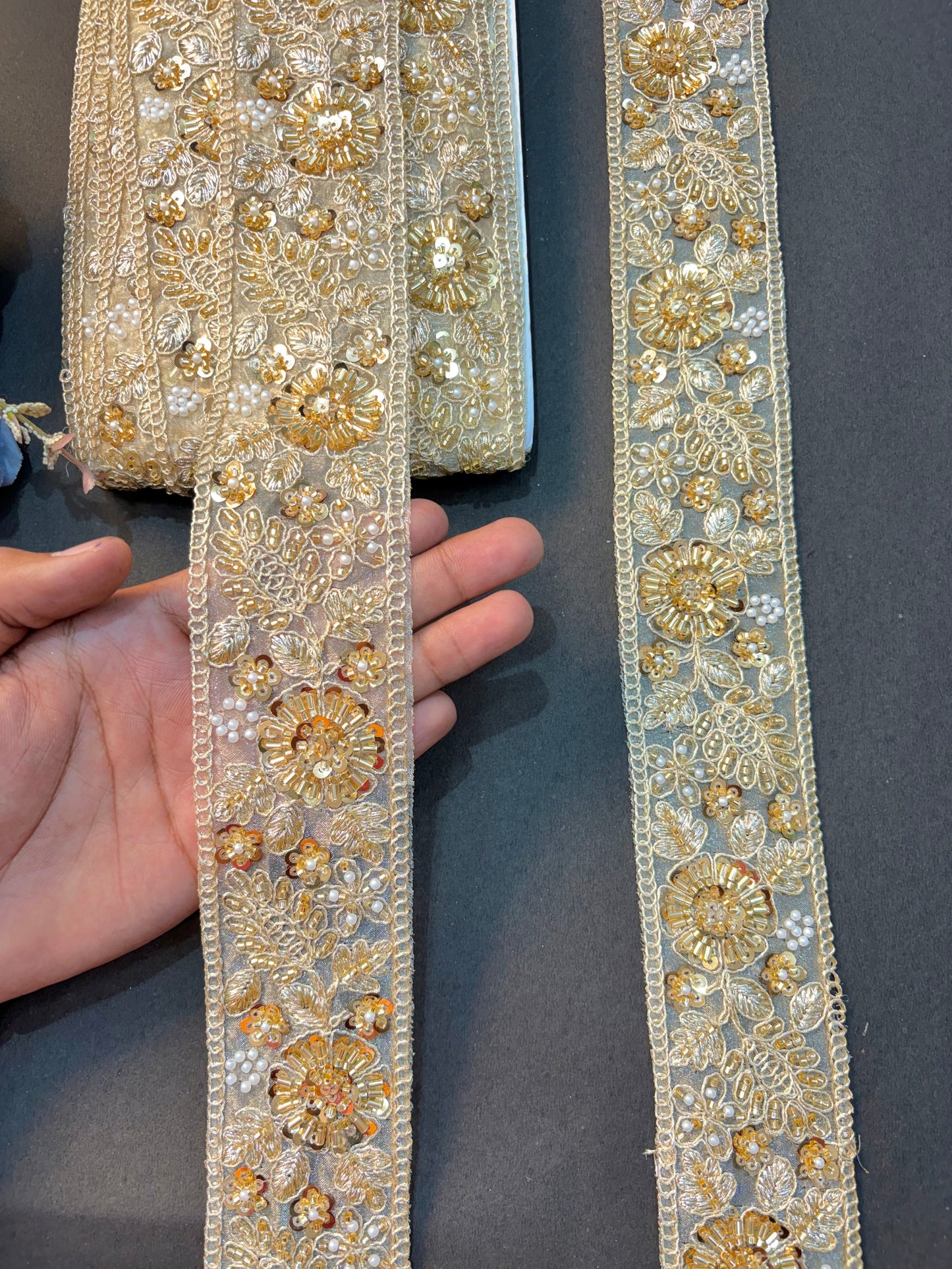 Luxury Gold handmade Sequin & Pearl Work Lace Border Pack (9 meter roll)