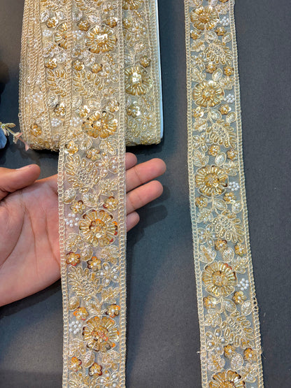 Luxury Gold handmade Sequin & Pearl Work Lace Border Pack (9 meter roll)
