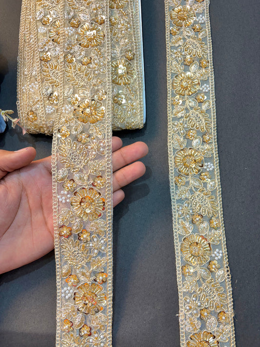 Luxury Gold handmade Sequin & Pearl Work Lace Border Pack (9 meter roll)