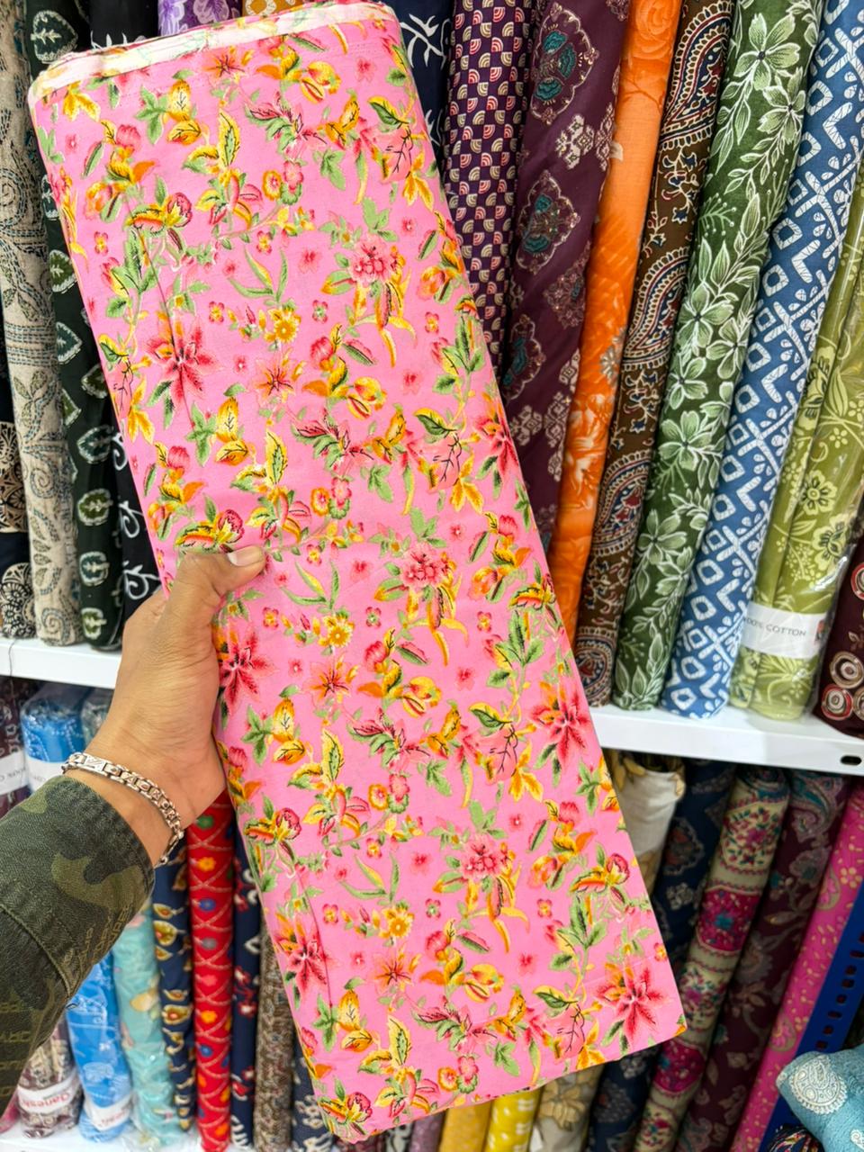 Pure 100% Cambric Cotton Printed Fabric – Soft & Elegant Ethnic Floral Design 44width