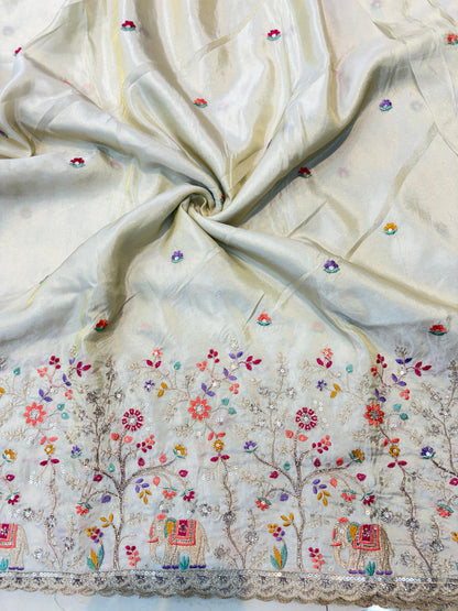🐘Royal Forest Elephant Ivory Cream 👗Embroidered Pure🥻 Viscose Tissue Fabric width44