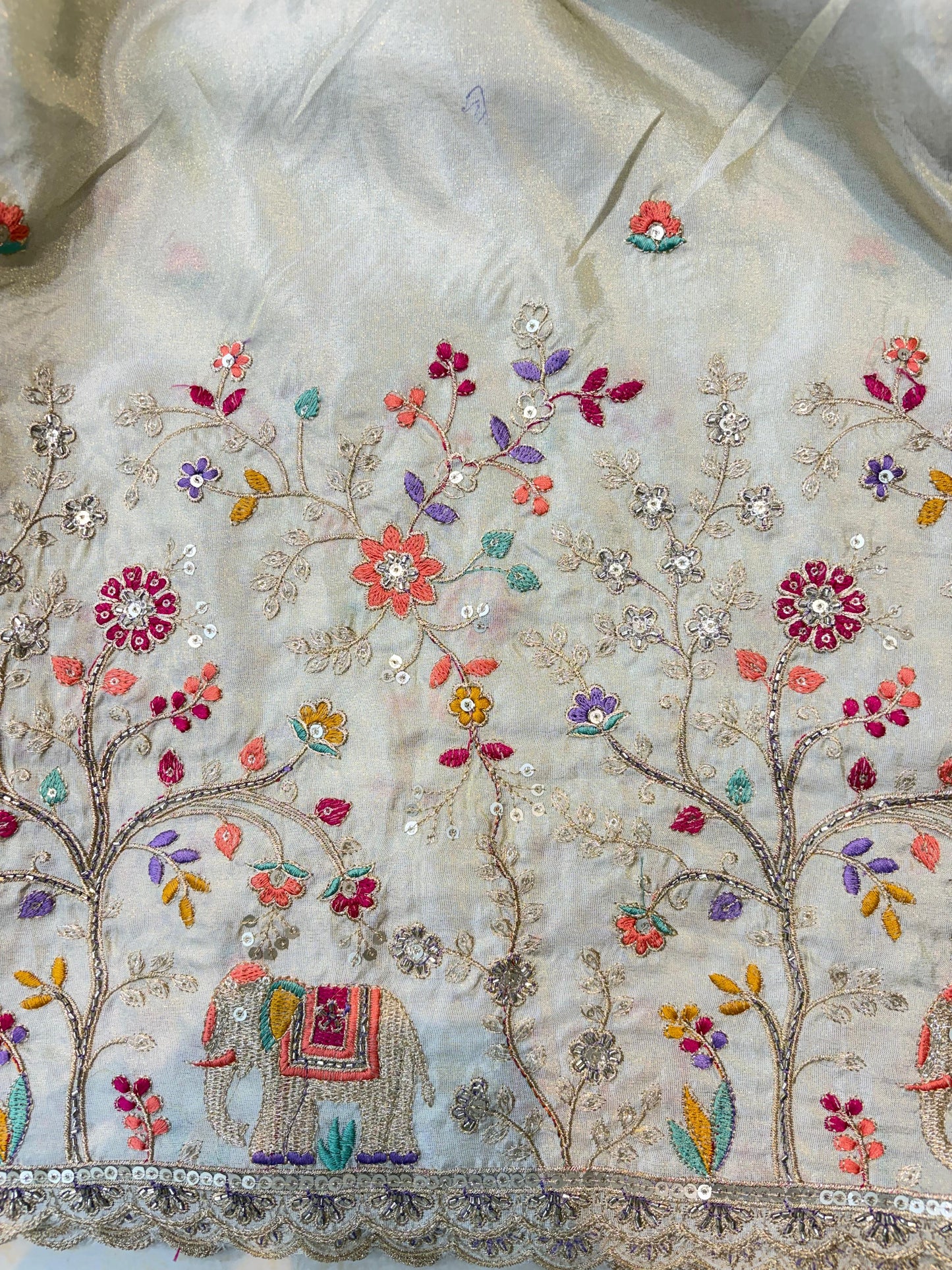 🐘Royal Forest Elephant Ivory Cream 👗Embroidered Pure🥻 Viscose Tissue Fabric width44