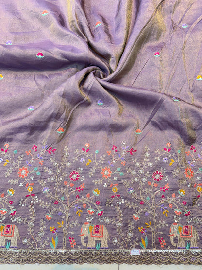 🐘Royal Forest Elephant Lavender 👗Embroidered Pure🥻 Viscose Tissue Fabric width44