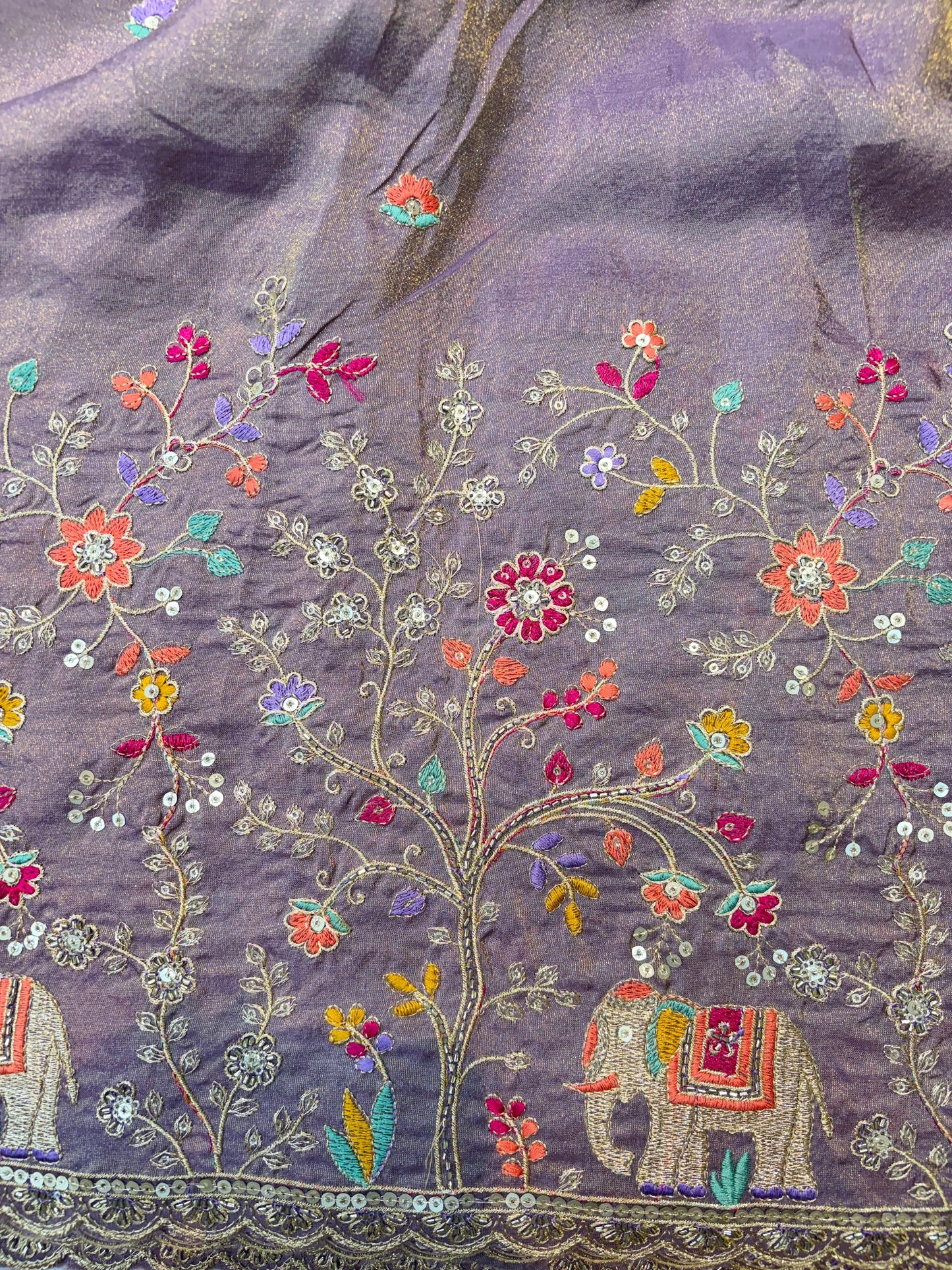 🐘Royal Forest Elephant Lavender 👗Embroidered Pure🥻 Viscose Tissue Fabric width44
