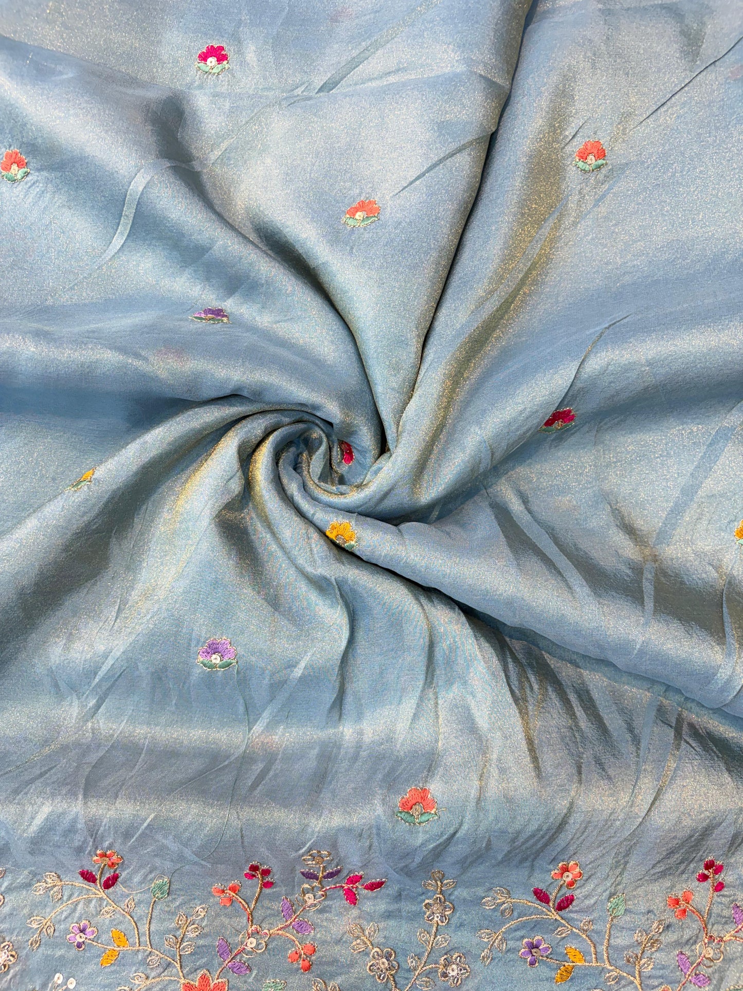 🐘Royal Forest Elephant Sky Blue 👗Embroidered Pure🥻 Viscose Tissue Fabric width44