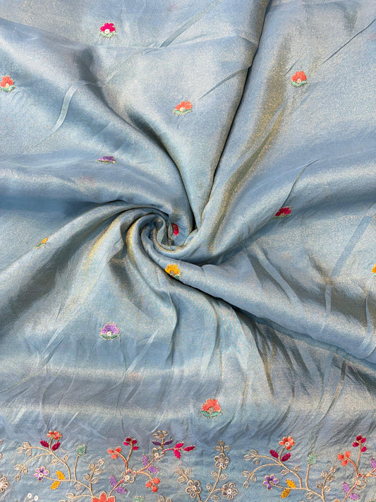 🐘Royal Forest Elephant Sky Blue 👗Embroidered Pure🥻 Viscose Tissue Fabric width44