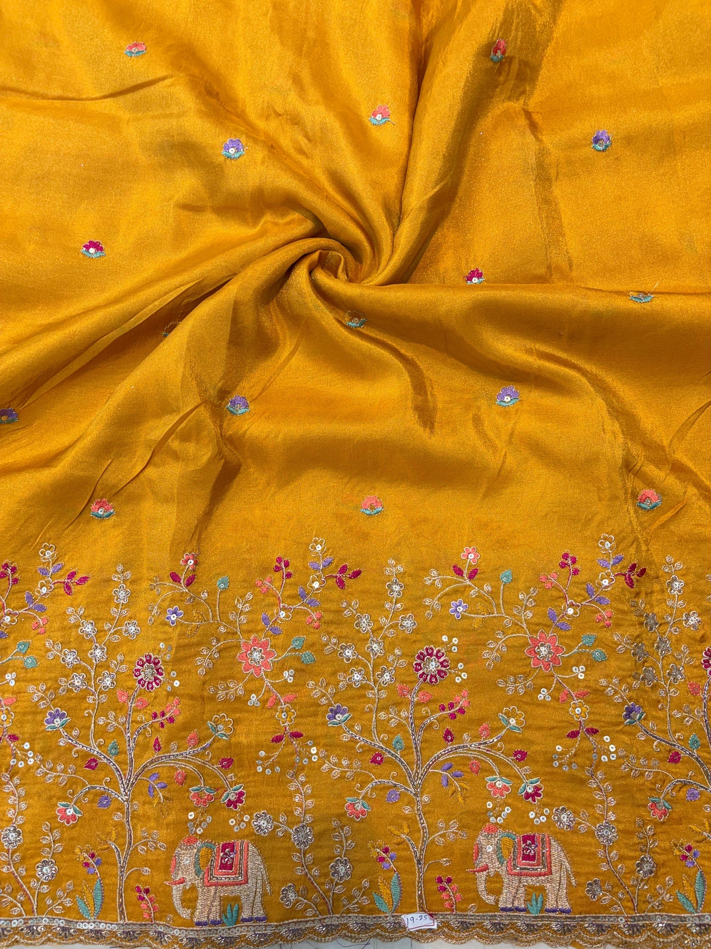 🐘Royal Forest Elephant Mustard Gold 👗Embroidered Pure🥻 Viscose Tissue Fabric width44