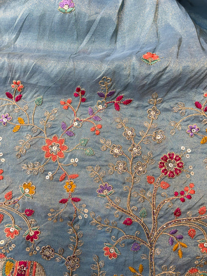 🐘Royal Forest Elephant Sky Blue 👗Embroidered Pure🥻 Viscose Tissue Fabric width44