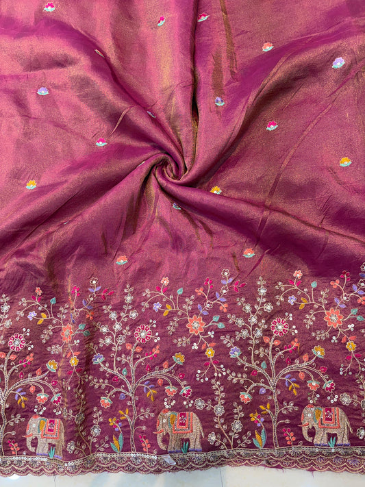🐘Royal Forest Elephant Wine Magenta 👗Embroidered Pure🥻 Viscose Tissue Fabric width44