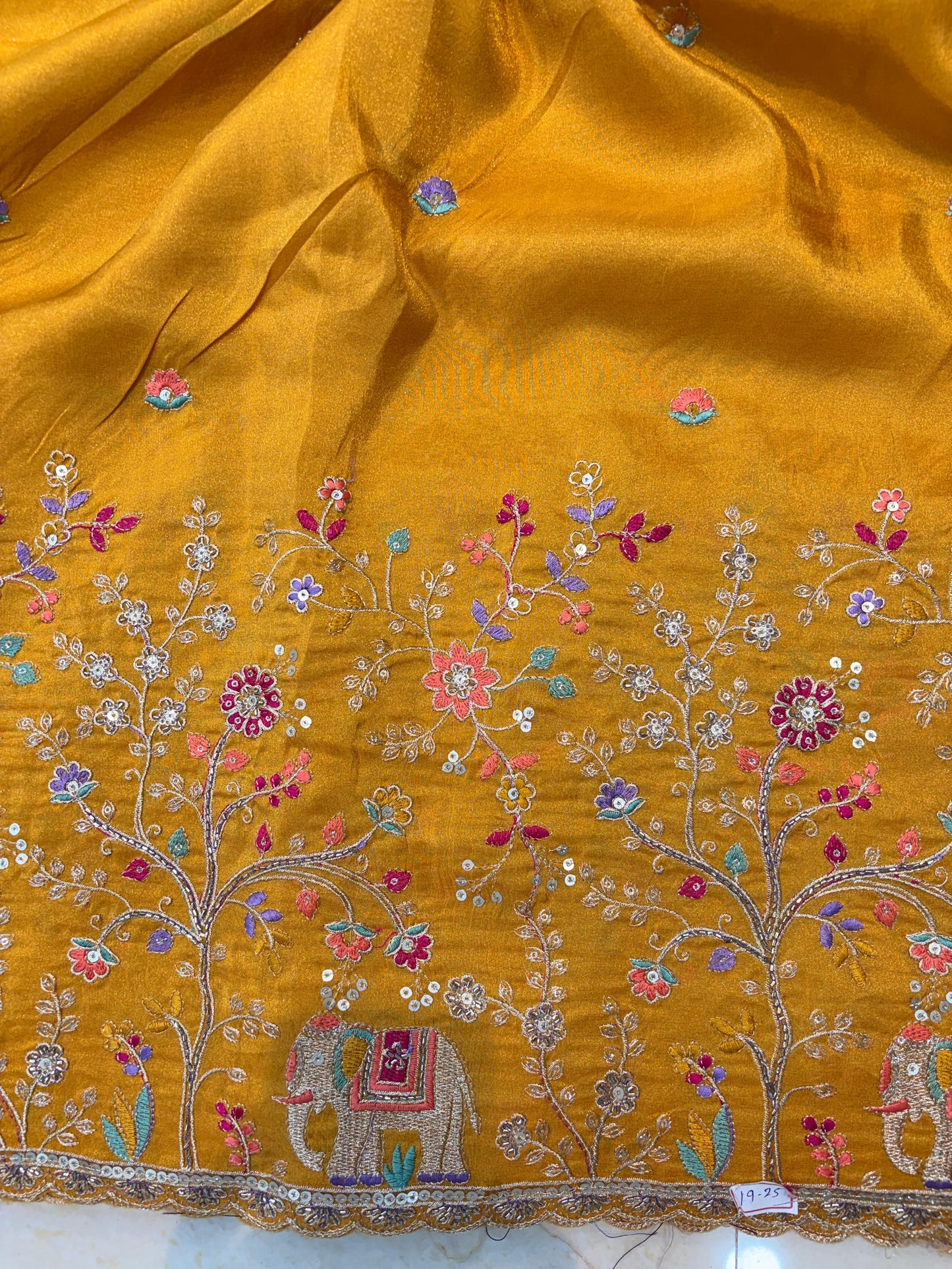 🐘Royal Forest Elephant Mustard Gold 👗Embroidered Pure🥻 Viscose Tissue Fabric width44