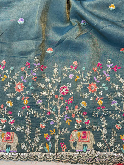 🐘Royal Forest Elephant Teal Green 👗Embroidered Pure🥻 Viscose Tissue Fabric width44