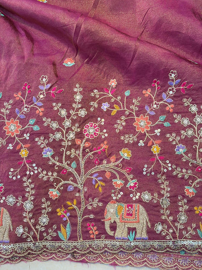 🐘Royal Forest Elephant Wine Magenta 👗Embroidered Pure🥻 Viscose Tissue Fabric width44