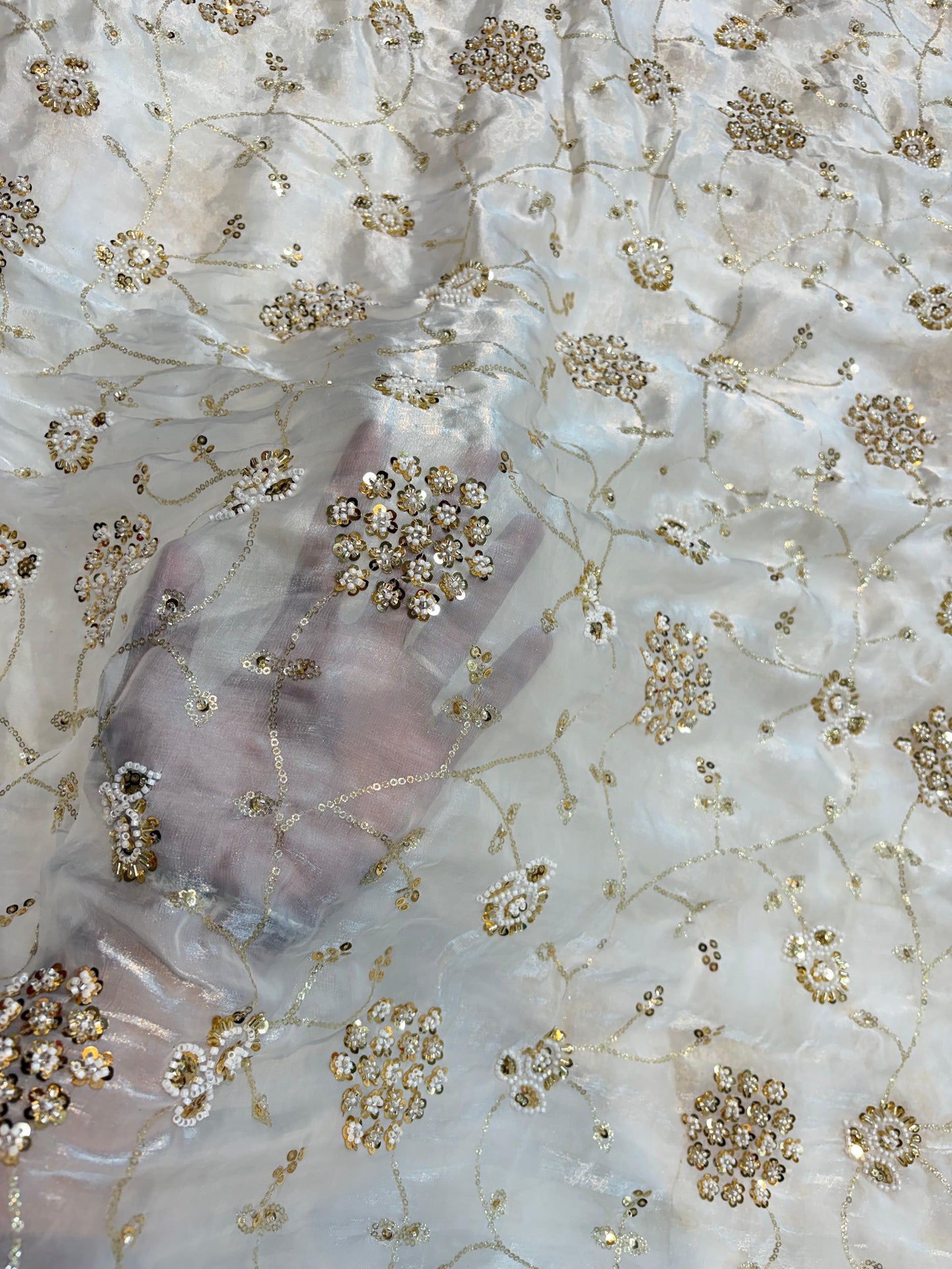 Pearl White Premium Space Silk All Over Hand Work Width44 Saree Lehenga