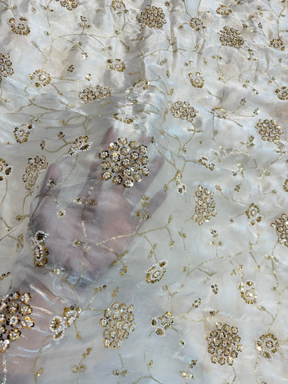 Pearl White Premium Space Silk All Over Hand Work Width44 Saree Lehenga