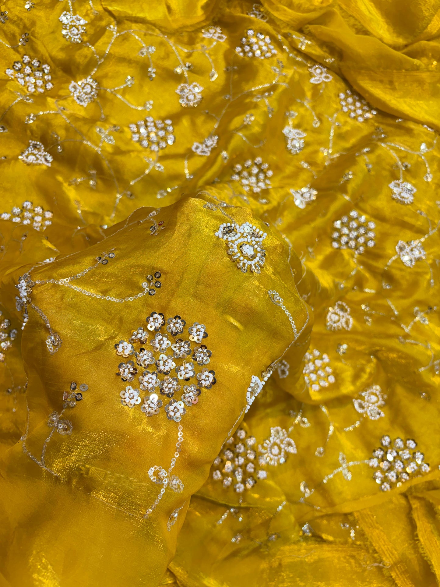 Sunshine Yellow Premium Space Silk All Over Hand Work Width44 Saree Lehenga