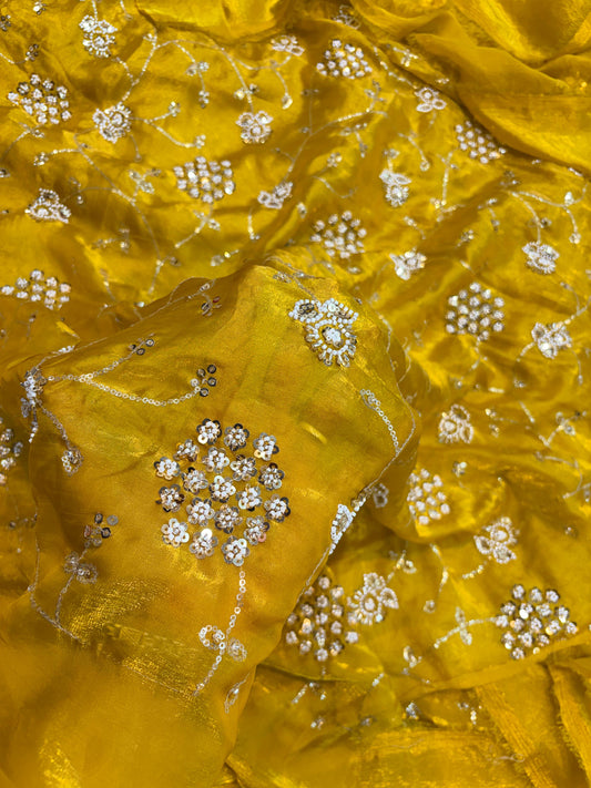 Sunshine Yellow Premium Space Silk All Over Hand Work Width44 Saree Lehenga