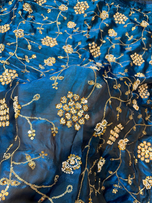 Teal Blue Premium Space Silk All Over Hand Work Width44 Saree Lehenga