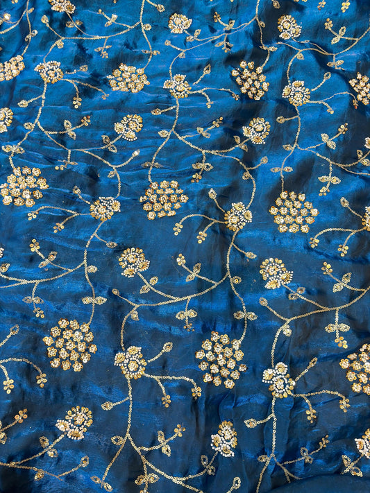 Teal Blue Premium Space Silk All Over Hand Work Width44 Saree Lehenga