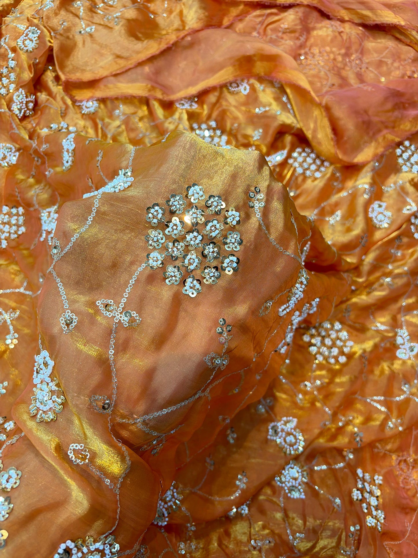 Peach Orange Premium Space Silk All Over Hand Work Width44 Saree Lehenga