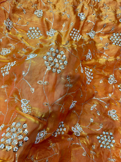 Peach Orange Premium Space Silk All Over Hand Work Width44 Saree Lehenga