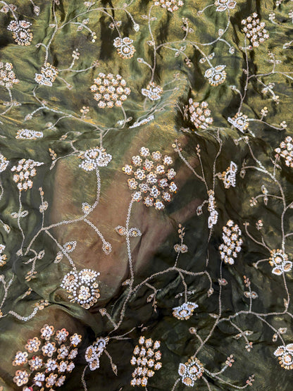 Olive Green Premium Space Silk All Over Hand Work Width44 Saree Lehenga