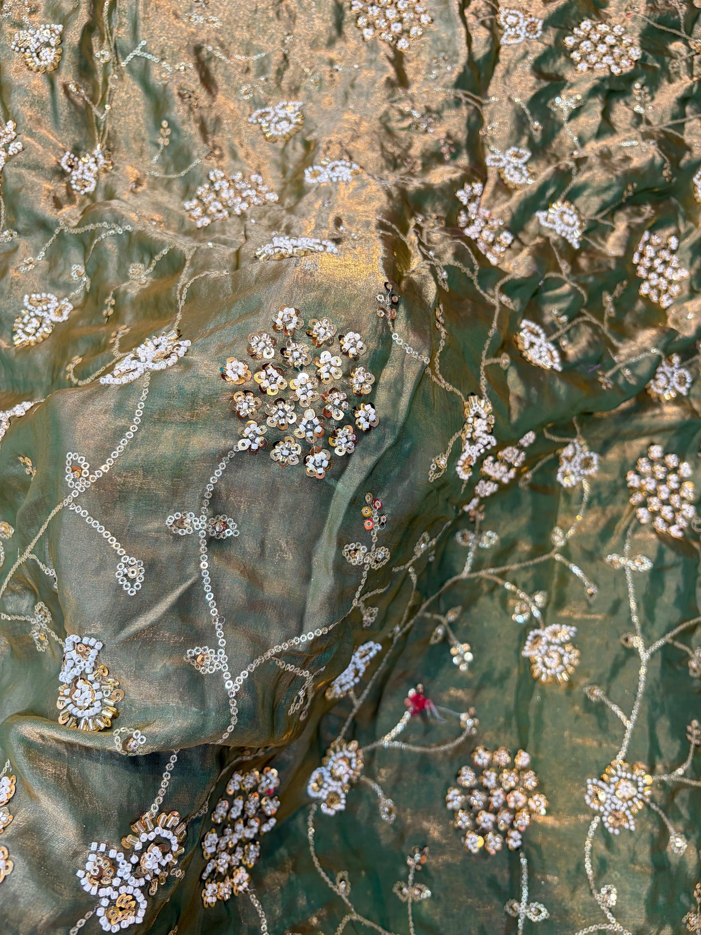 Emerald Green Premium Space Silk All Over Hand Work Width44 Saree Lehenga