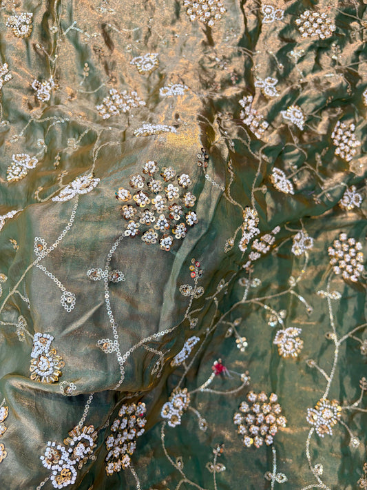 Emerald Green Premium Space Silk All Over Hand Work Width44 Saree Lehenga