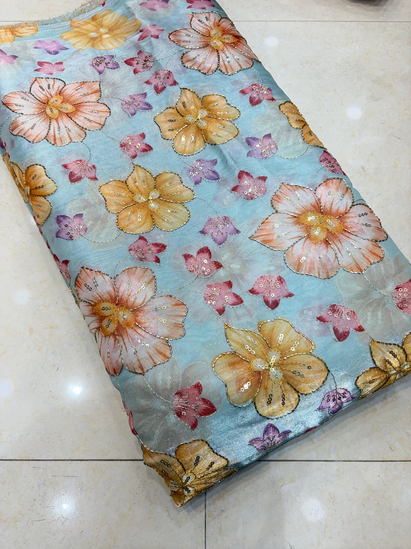 Exclusive Jimmy Choo Fabric Elegant Floral Design With Beads Work Width 44