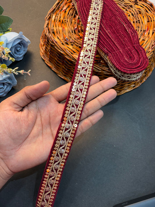 Maroon Velvet Golden Zari Sequin Embroidery Lace Border for Saree, Dupatta & Lehenga – Fancy Designer Velvet Trim 9 metr Roll (1 Inch Width)” Price : 299