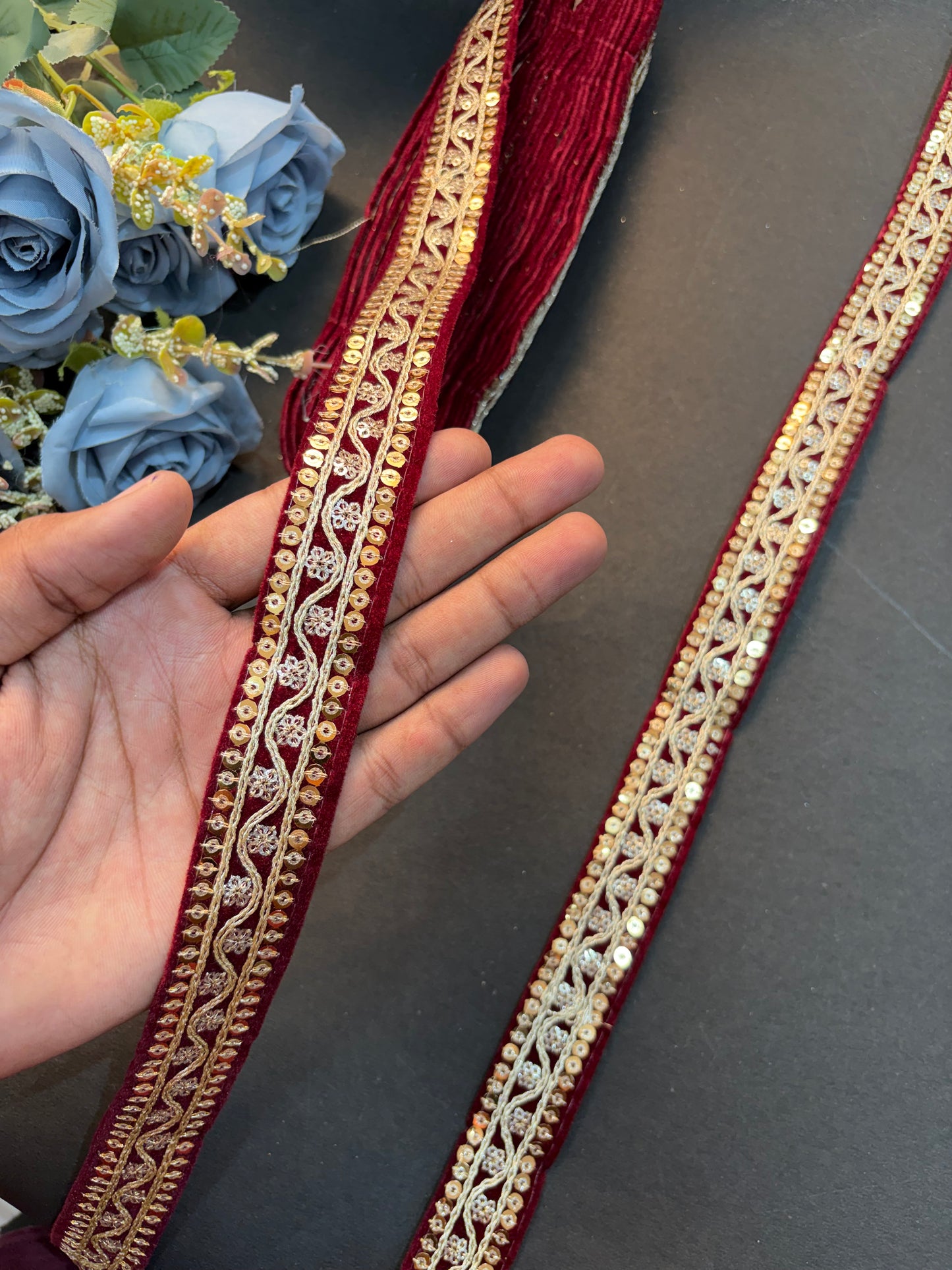 Maroon Velvet Golden Zari Sequin Embroidery Lace Border for Saree, Dupatta & Lehenga – Fancy Designer Velvet Trim 9 metr Roll (1 Inch Width)” Price : 299