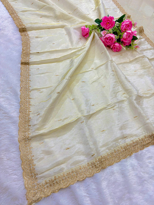 😍Premium Dyable 💕tissu Dupatta with Four-Side Golden Embroidered ☺️Border (2.25 Meter) (dyble ✅) Catalogue