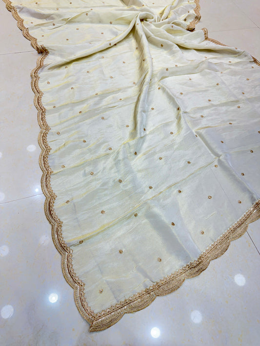 😍Premium Dyable 💕tissu Dupatta with Four-Side Golden Embroidered ☺️Border (2.25 Meter)