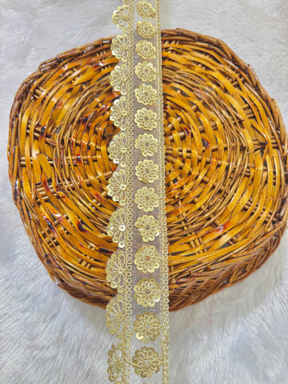 Golden Floral Sequin Embroidered Lace Border for Saree, Dupatta & Lehenga – Fancy Designer Net Lace Trim Roll (1.5 Inch Width)
