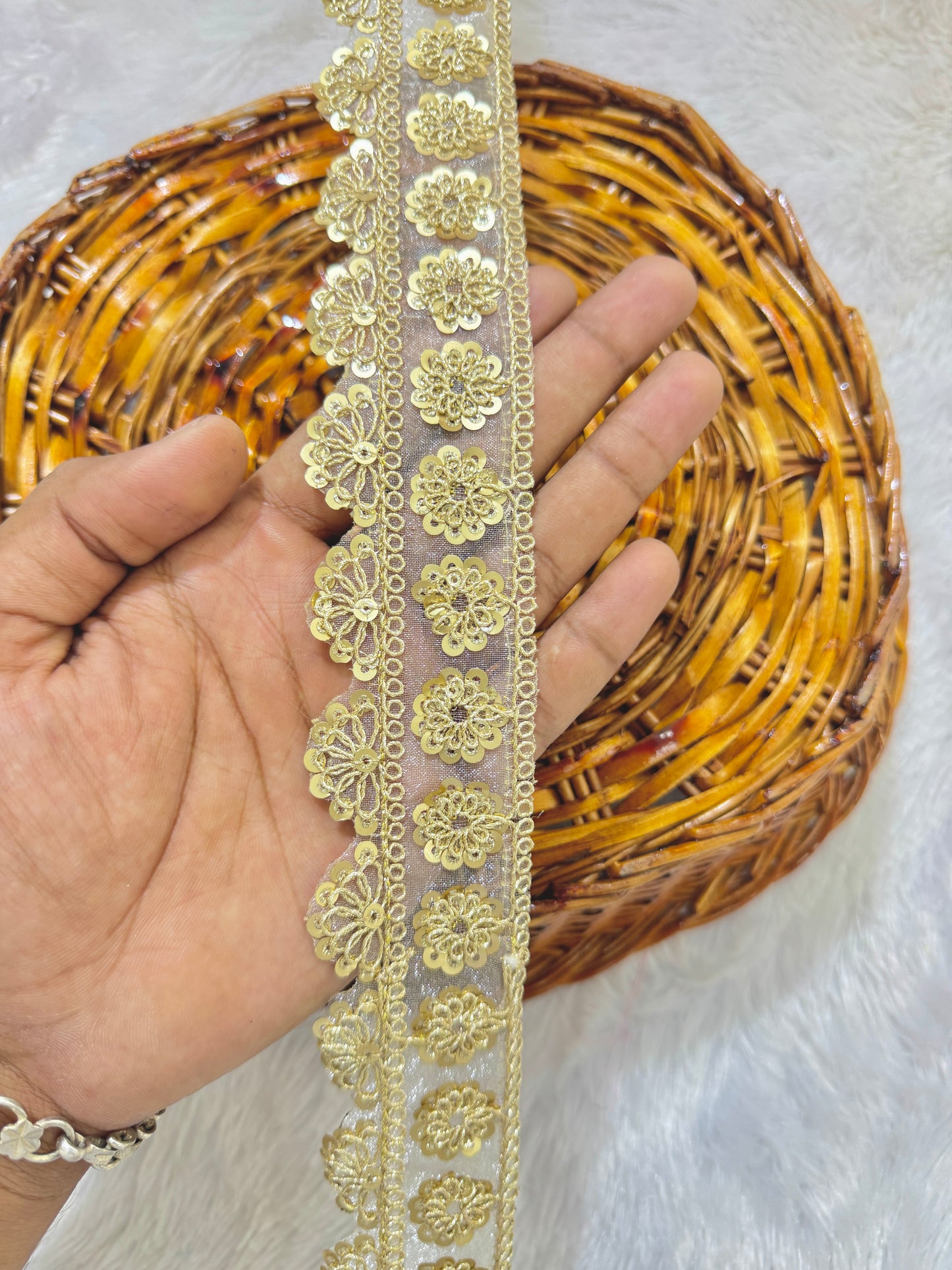 Golden Floral Sequin Embroidered Lace Border for Saree, Dupatta & Lehenga – Fancy Designer Net Lace Trim Roll (1.5 Inch Width)