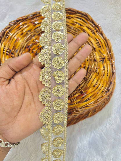 Golden Floral Sequin Embroidered Lace Border for Saree, Dupatta & Lehenga – Fancy Designer Net Lace Trim Roll (1.5 Inch Width)