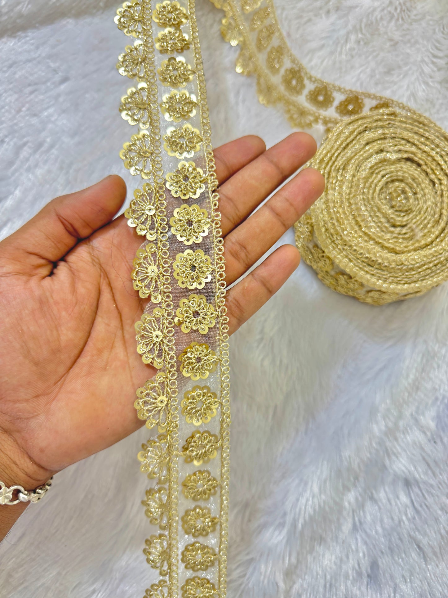 Golden Floral Sequin Embroidered Lace Border for Saree, Dupatta & Lehenga – Fancy Designer Net Lace Trim Roll (1.5 Inch Width)