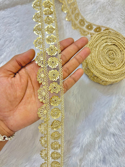 Golden Floral Sequin Embroidered Lace Border for Saree, Dupatta & Lehenga – Fancy Designer Net Lace Trim Roll (1.5 Inch Width)