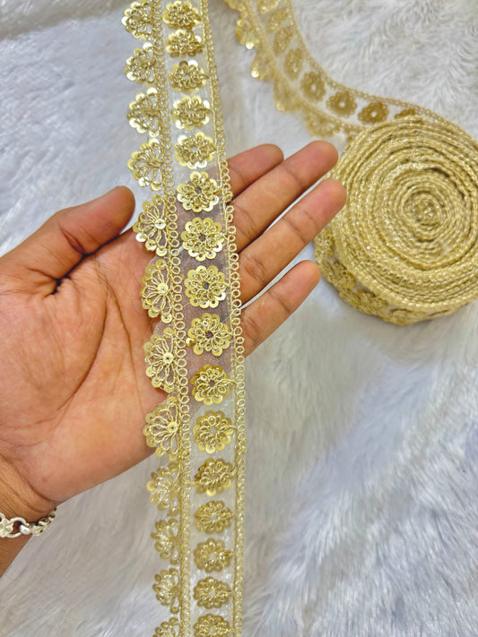Golden Floral Sequin Embroidered Lace Border for Saree, Dupatta & Lehenga – Fancy Designer Net Lace Trim Roll (1.5 Inch Width)
