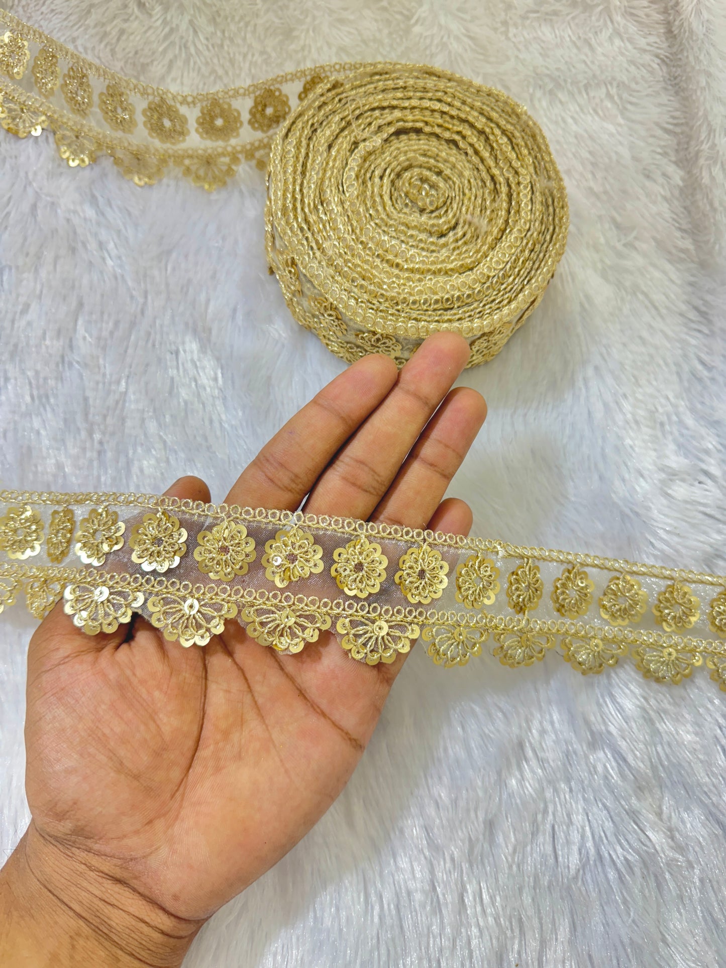 Golden Floral Sequin Embroidered Lace Border for Saree, Dupatta & Lehenga – Fancy Designer Net Lace Trim Roll (1.5 Inch Width)