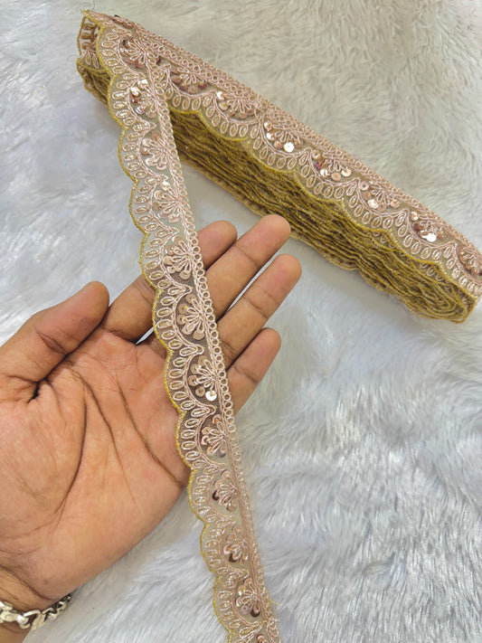 Golden Zari Sequin Embroidered small Lace Border for Saree, Dupatta, Lehenga, and Dress – Fancy Scallop Design Trim (1 Inch Width)