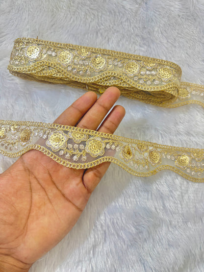 Golden Floral Zari Sequin Embroidered Lace Border for Saree, Dupatta, and Dress – Fancy Net Lace Trim (2 Inch Width) pack of (9 meter )