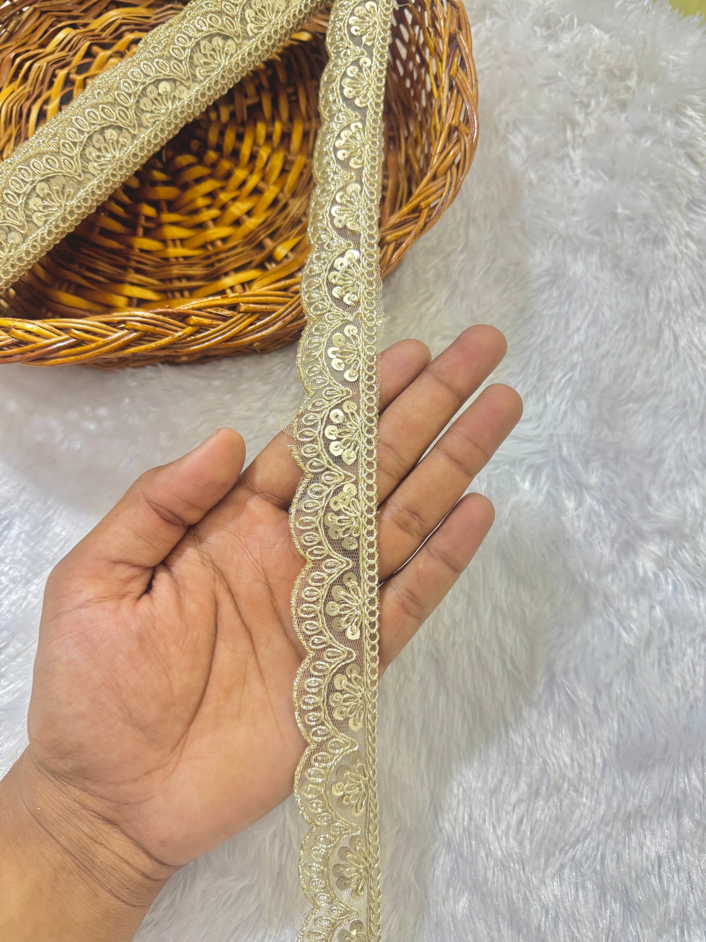 Golden Zari Sequin Embroidered small Lace Border for Saree, Dupatta, Lehenga, and Dress – Fancy Scallop Design Trim (1 Inch Width)