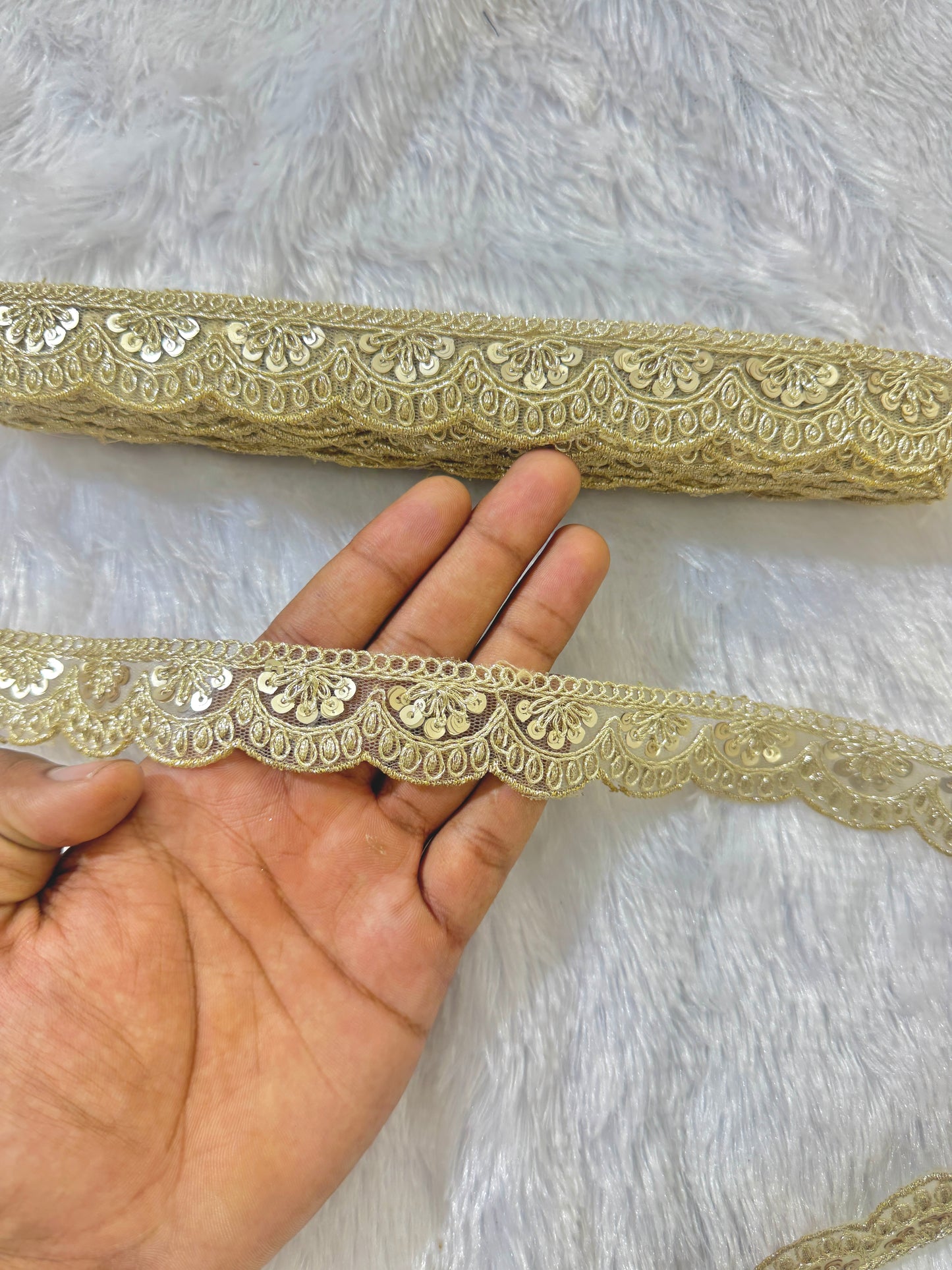 Golden Zari Sequin Embroidered small Lace Border for Saree, Dupatta, Lehenga, and Dress – Fancy Scallop Design Trim (1 Inch Width)