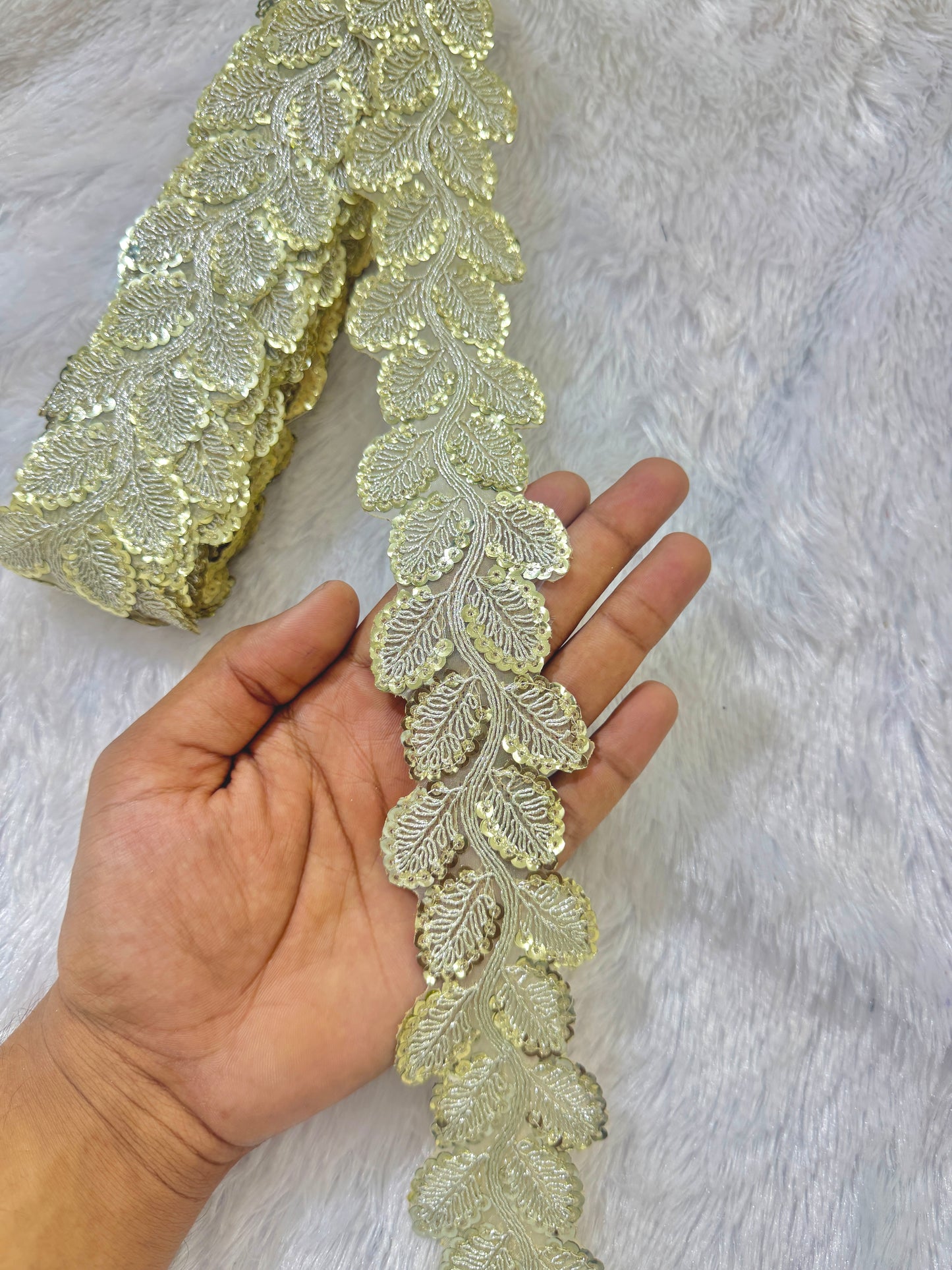 Golden Leaf Design Zari Sequin Embroidered Lace Border for Saree, Dupatta, and Lehenga – Premium Fancy Leaf Pattern Trim (3 Inch Width) (pack of 9 meter)