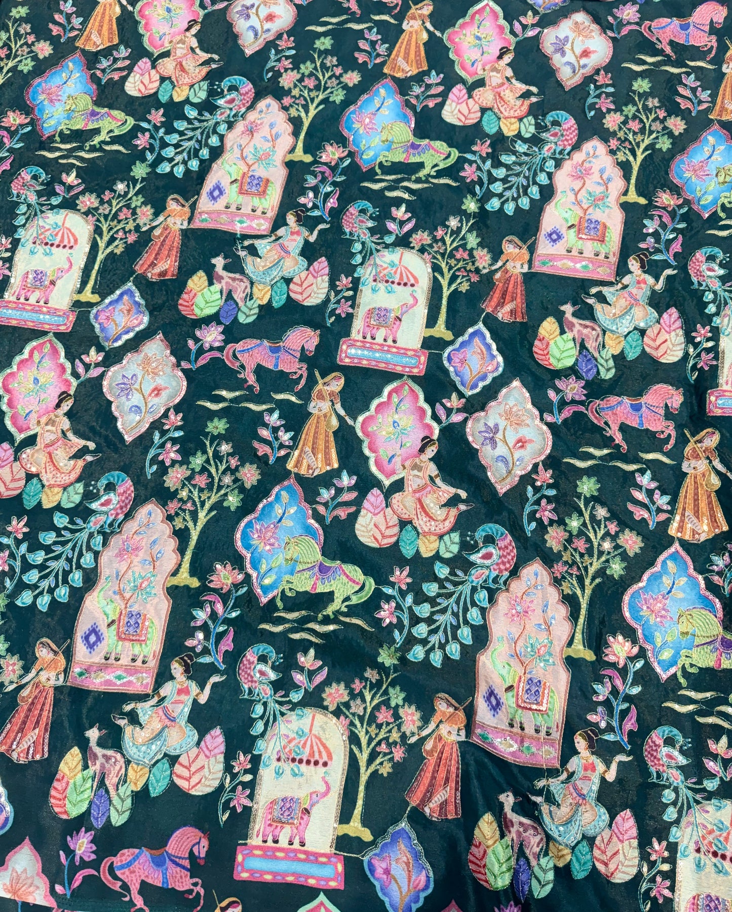 Kalamkari Luxury Heritage Print Fabric – 44 Inches Width (Midnight green)