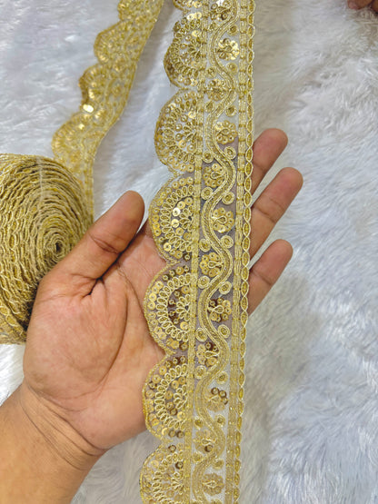 Golden Zari Scallop Sequin Embroidered Lace Border for Saree, Dupatta, Lehenga & Dress – Fancy Designer Lace Trim (2 Inch Width)