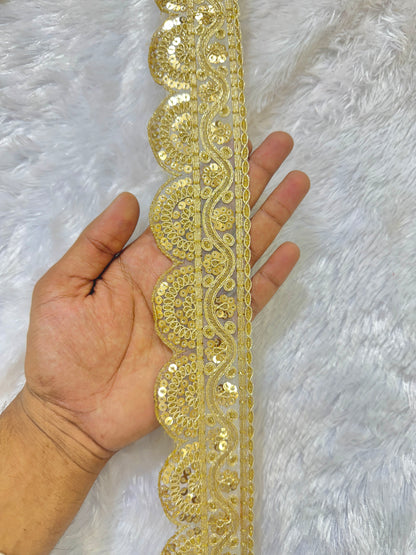 Golden Sequin Scallop Embroidered Lace Border for Saree, Dupatta & Lehenga – Fancy Designer Zari Lace Trim (2 Inch Width