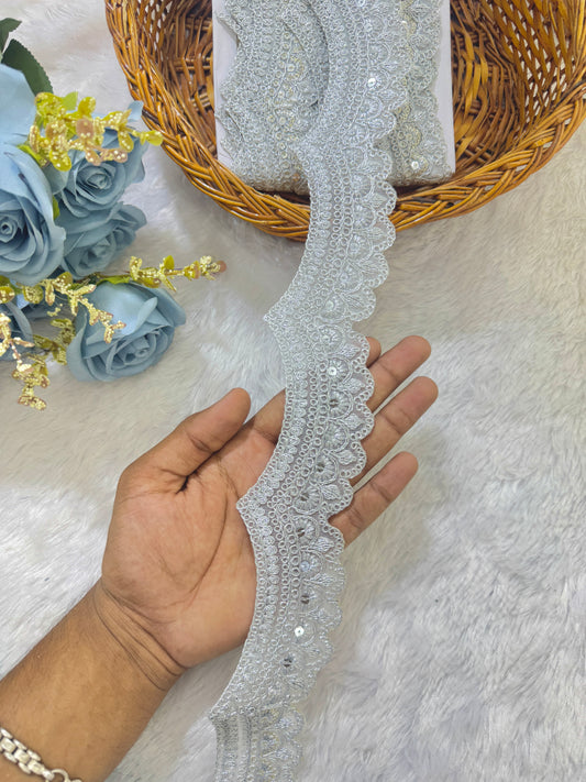 Silver Sequin Embroidery Lace Border Trim for Saree, Dress, Dupatta, Lehenga, Craft, Decoration – Fancy Designer Lace (9 Meterroll)